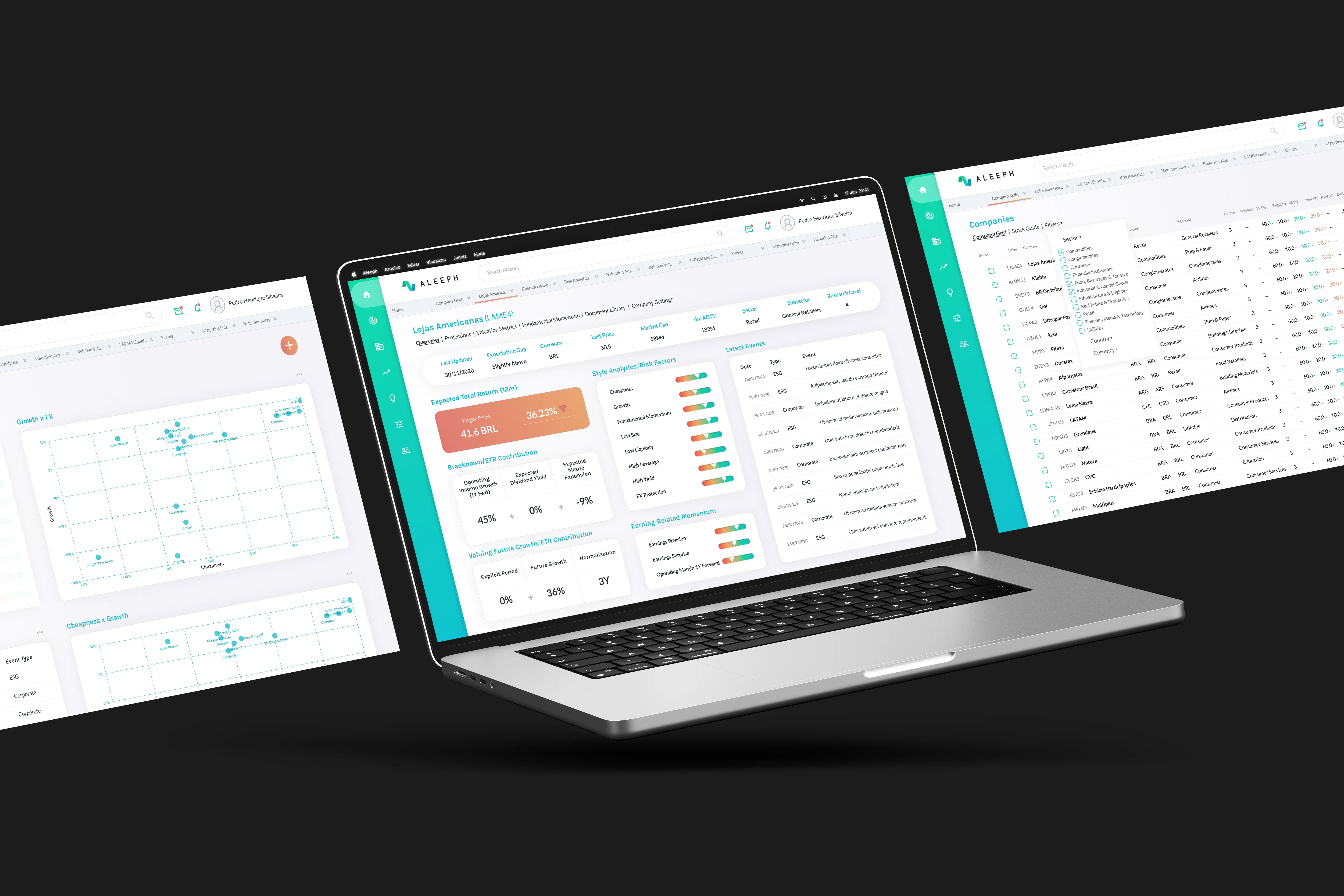 Three views of the finished Aleeph platform: a dashboard, a valuation scatter plot and a detailed data table
