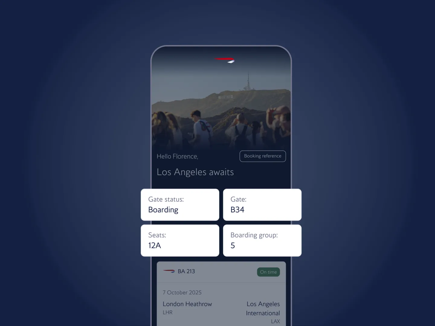 A trip home screen with live gate, seat and boarding details, the app guiding a traveller on the day
