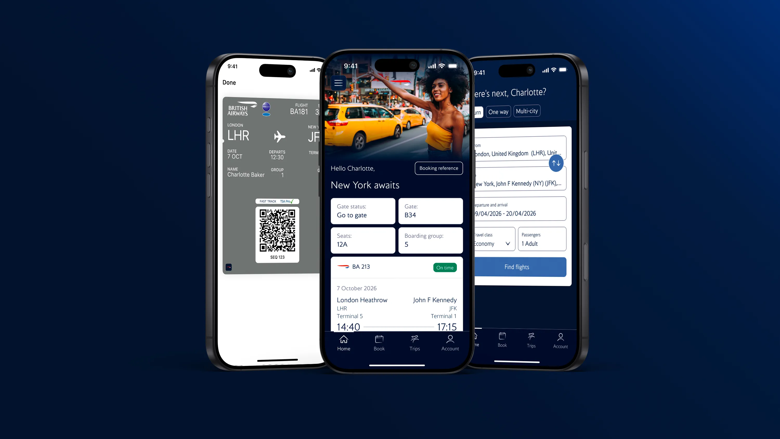 Three screens of the new BA app: a boarding pass, a trip home screen and flight search, the companion model