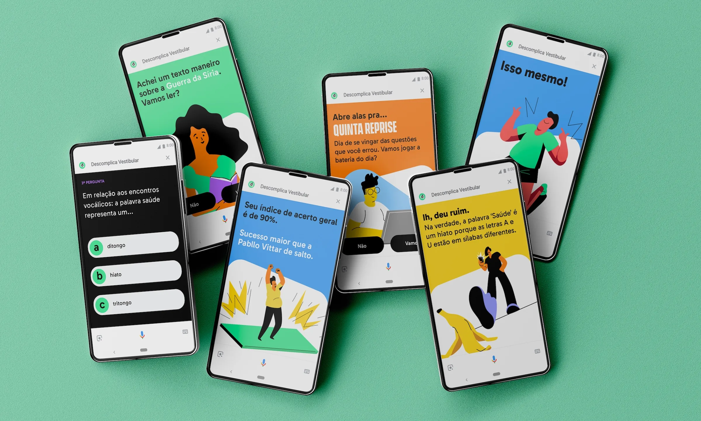 Phone screens from the daily quiz: a multiple-choice question, a score and encouraging spoken feedback
