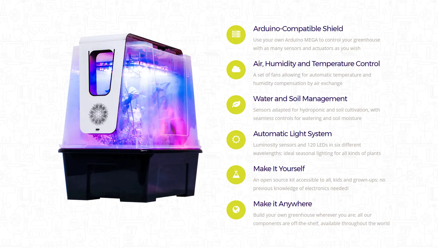 The smart greenhouse glowing purple beside its feature list: sensing, watering, lighting and open DIY build
