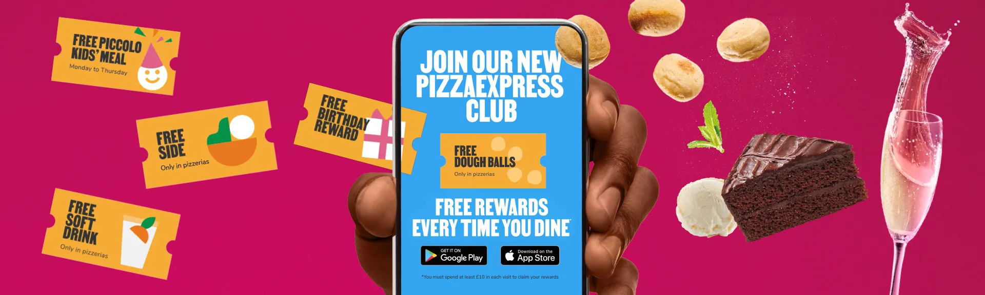 The PizzaExpress Club launch banner promising free rewards every dine-in, with sample reward vouchers